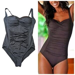 Tummy Control One-Piece Full Coverage Retro Style Black Swimsuit Size S NWT
